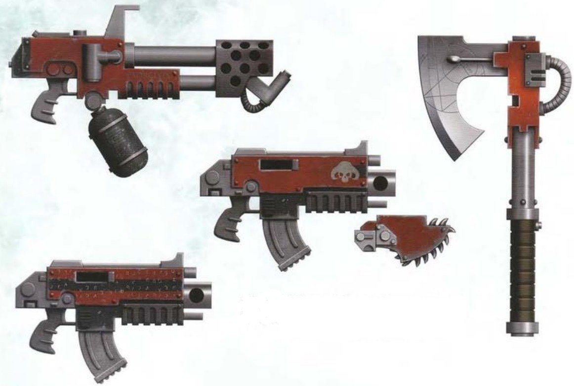 Imperial Armour Volume Ten plate showing Exorcists boltguns, combi-weapon, chainsword teeth and axe in red casings with the horned skull icon