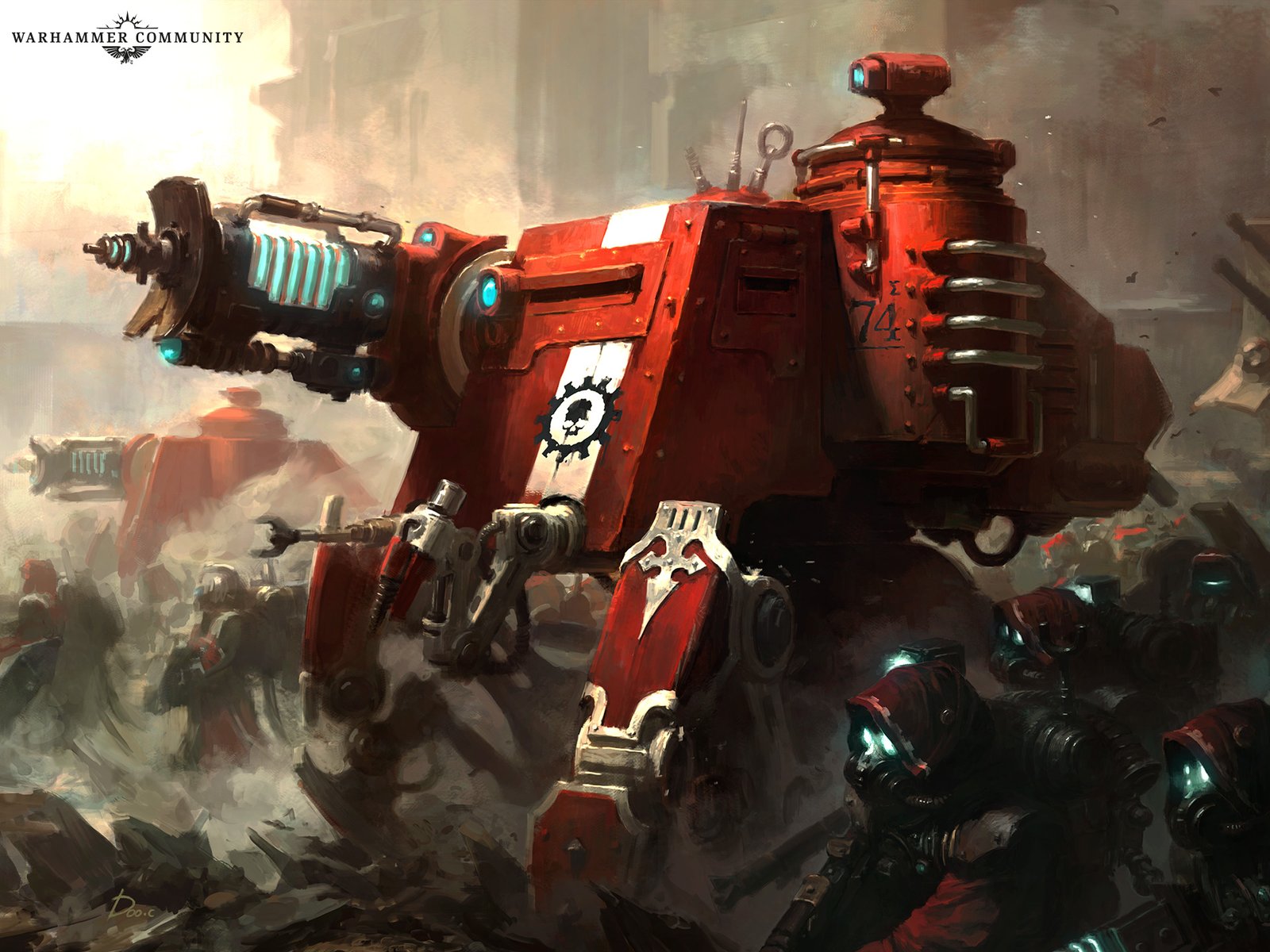 A towering red Adeptus Mechanicus war engine striding through a battlefield