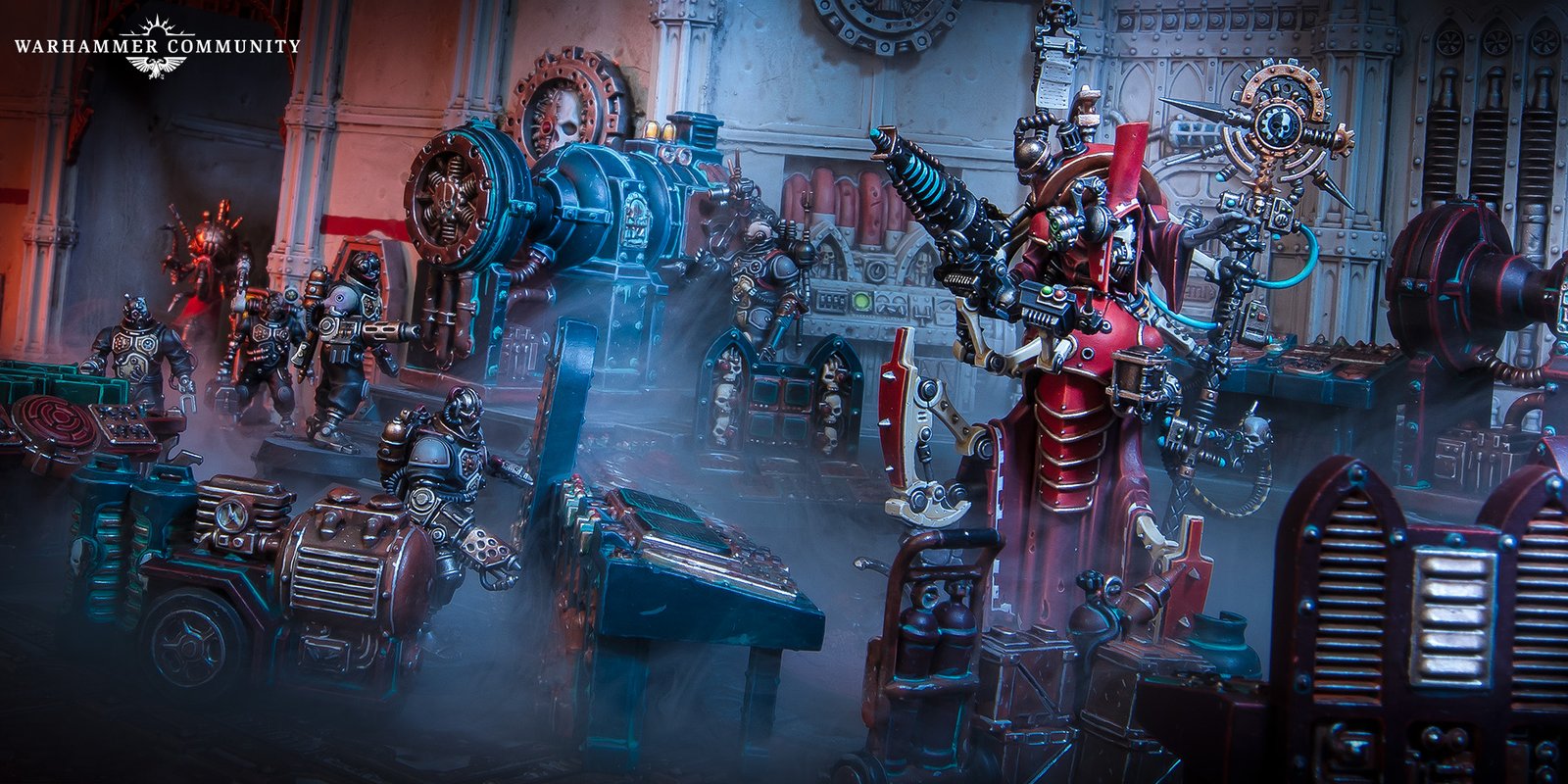 A tech-priest magos poring over recovered machinery in a fog-lit forge