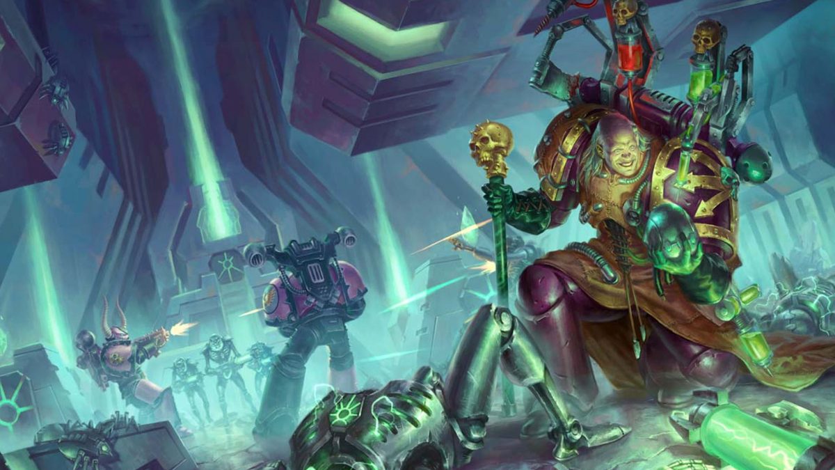 Classic artwork of Fabius Bile with the Chirurgeon fighting among his creations