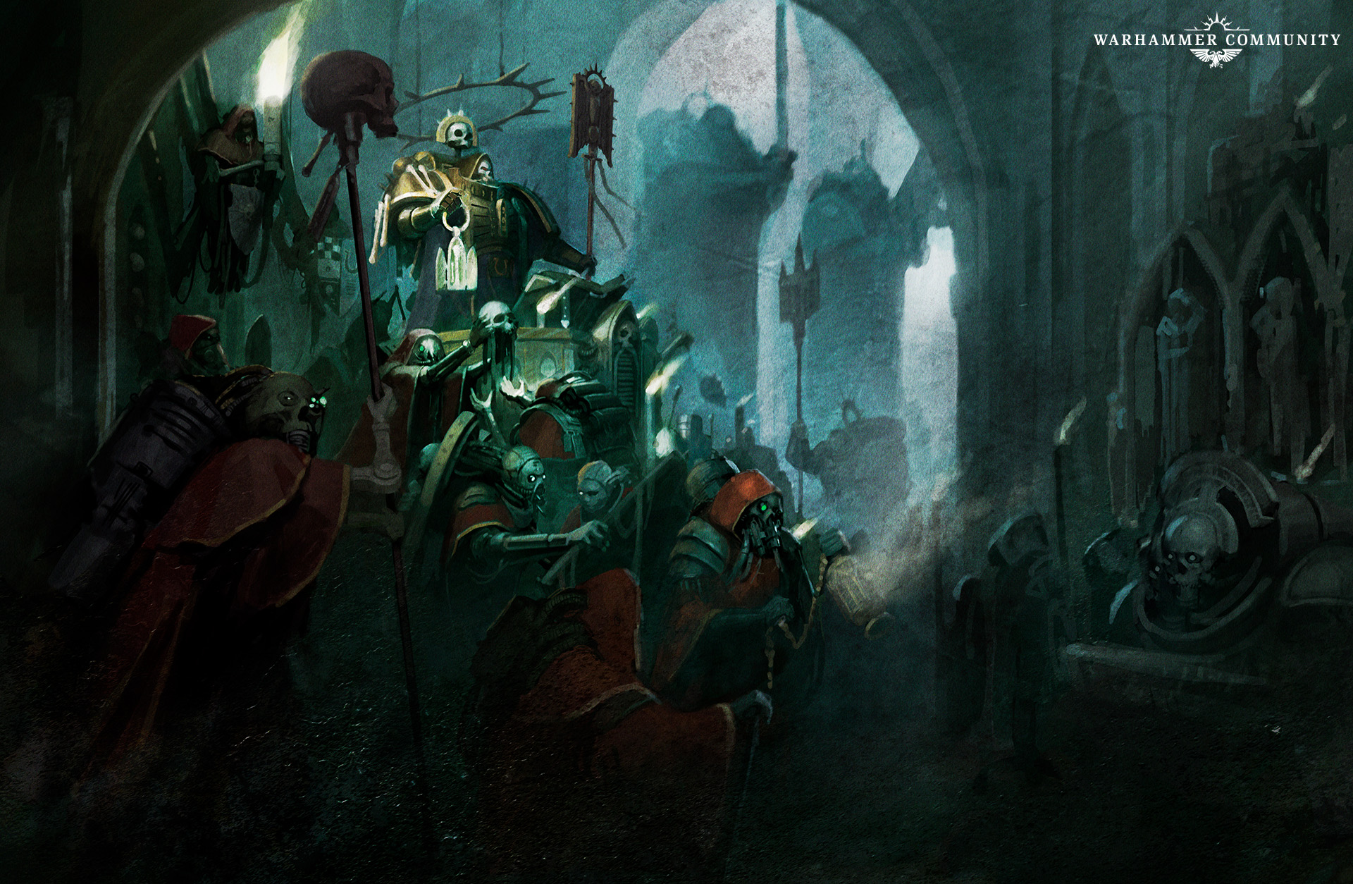 The interior of a fortress-monastery, a Chapter Master enthroned in a dim vaulted hall among reliquaries and kneeling serfs