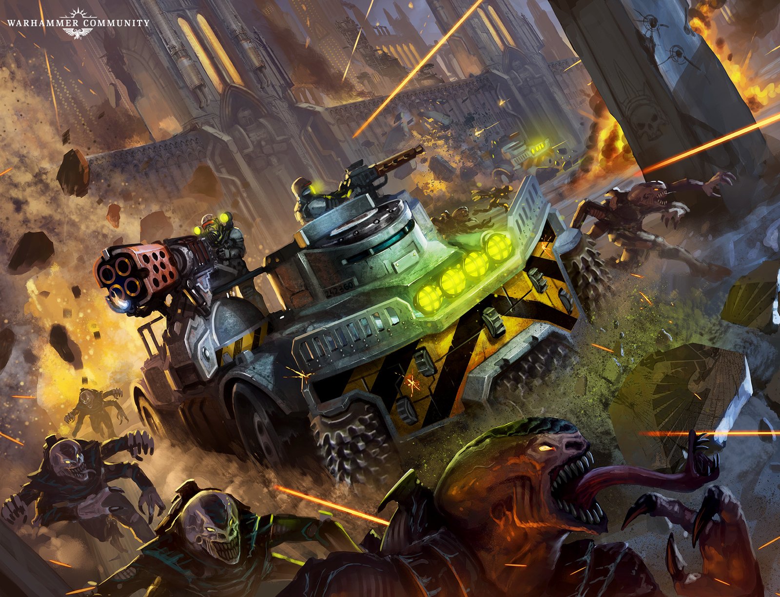 A Goliath Rockgrinder ploughs through charging hybrids and purestrains during a cult uprising