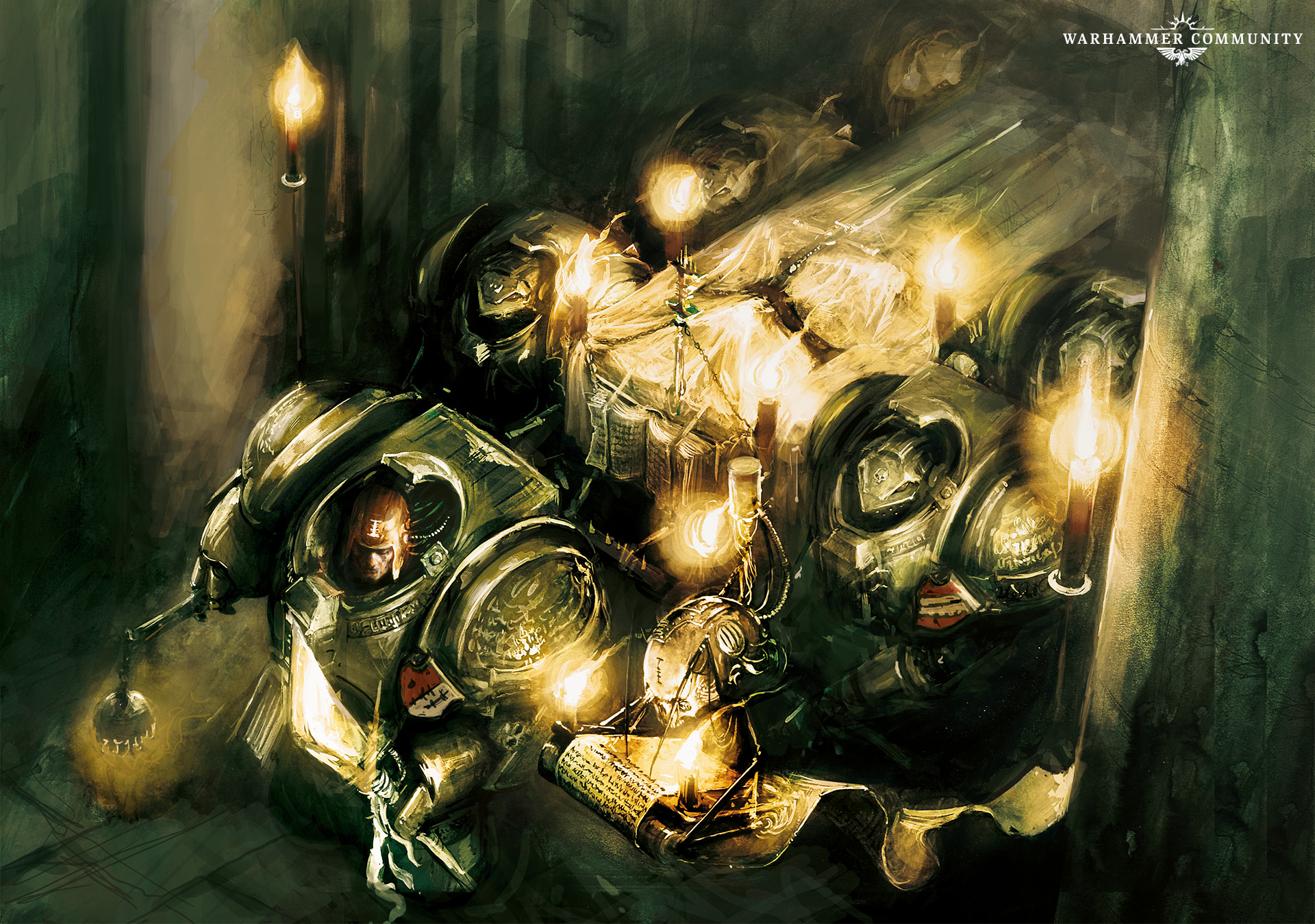 Grey Knights studying a scroll by candlelight