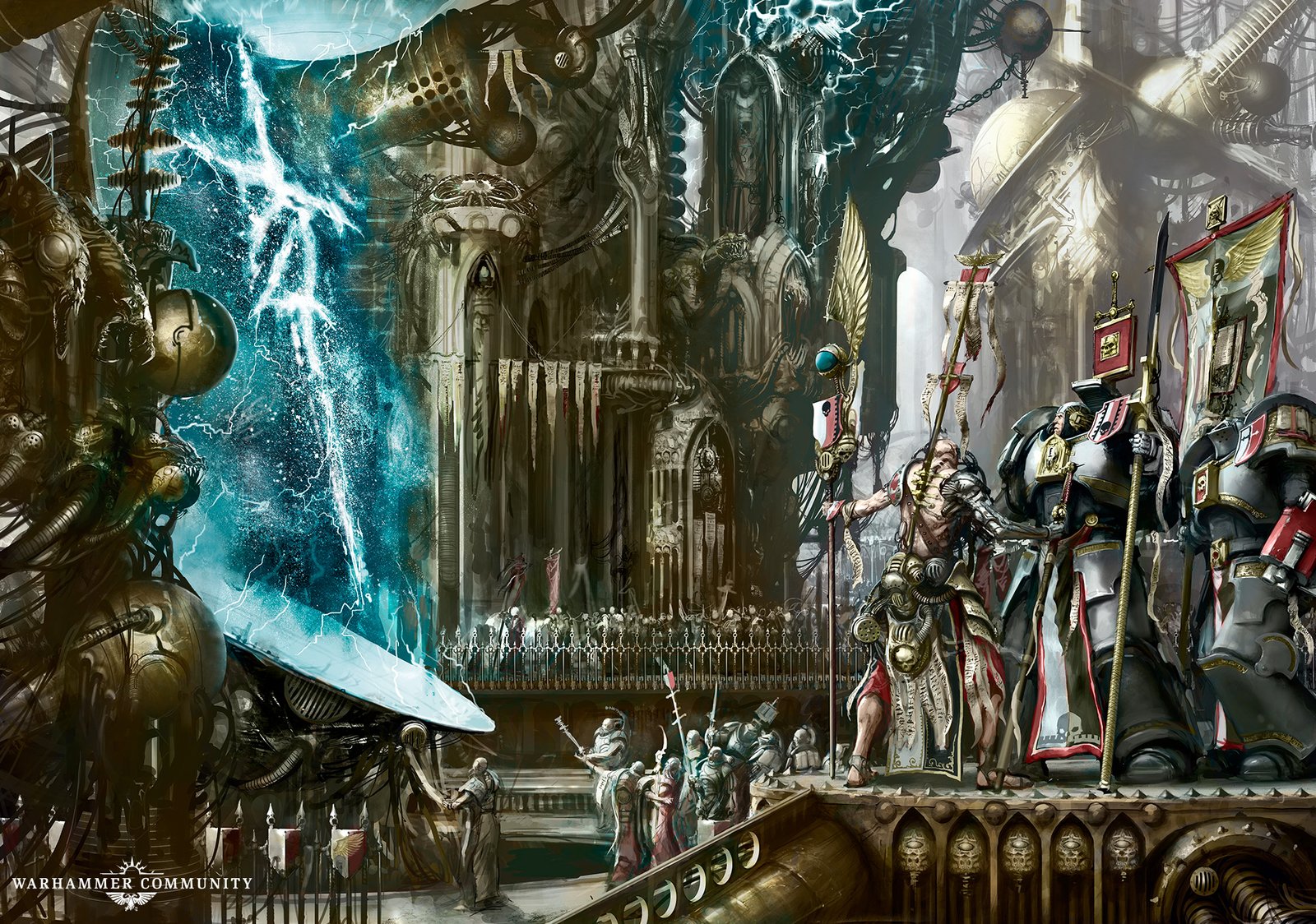 Grey Knights Terminators standing before vast Mechanicus machinery inside a vaulted hall