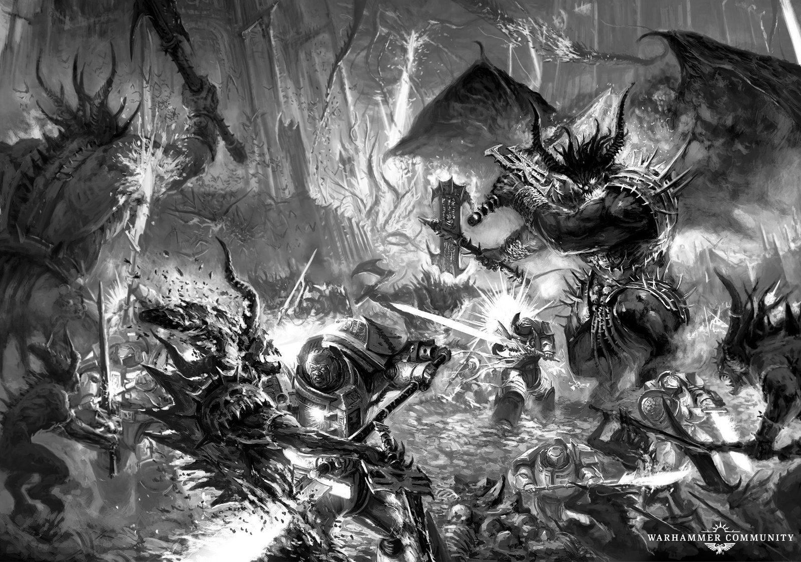 Monochrome artwork of Grey Knights Terminators fighting a winged greater daemon