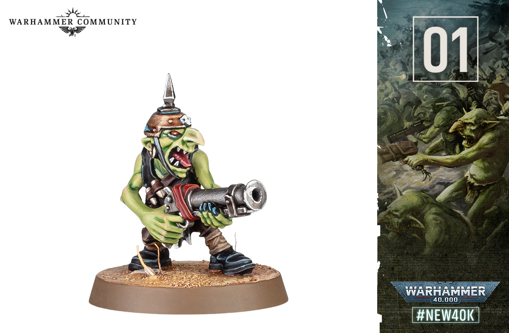 Grot Week Day 1 reveal — a Gretchin in a leather cap braced and aiming a blasta
