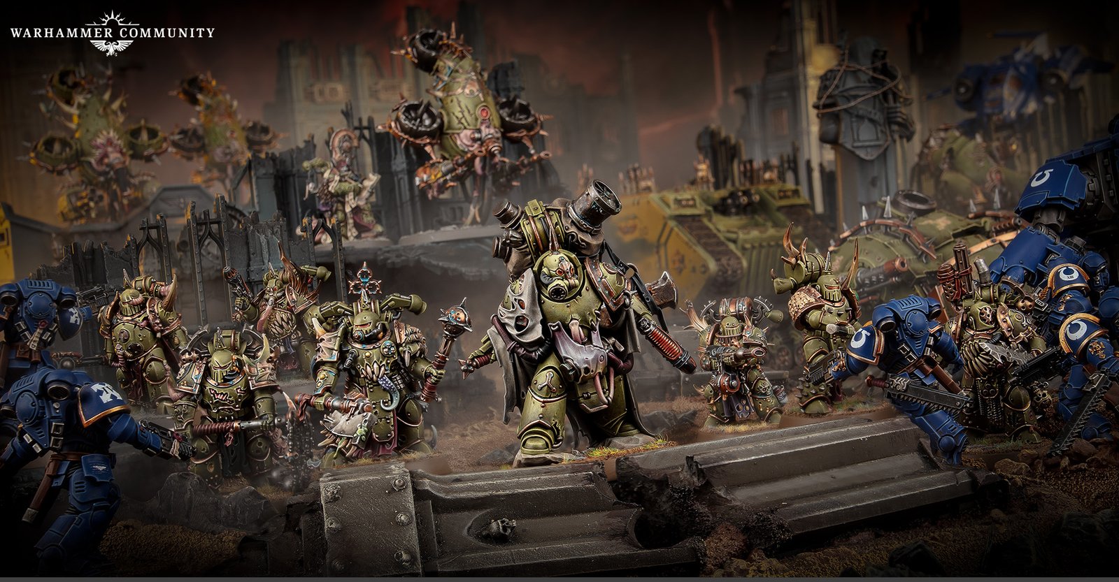 Death Guard daemon engines and plague marines on a corrupted battlefield