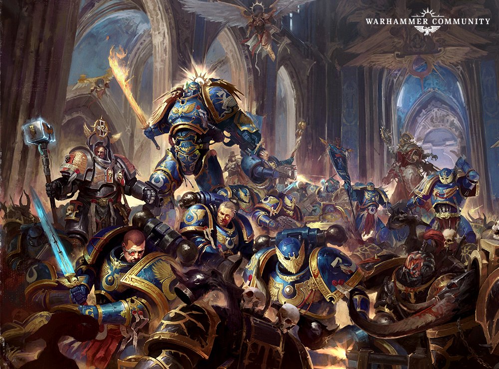 Guilliman leading Ultramarines into a melee