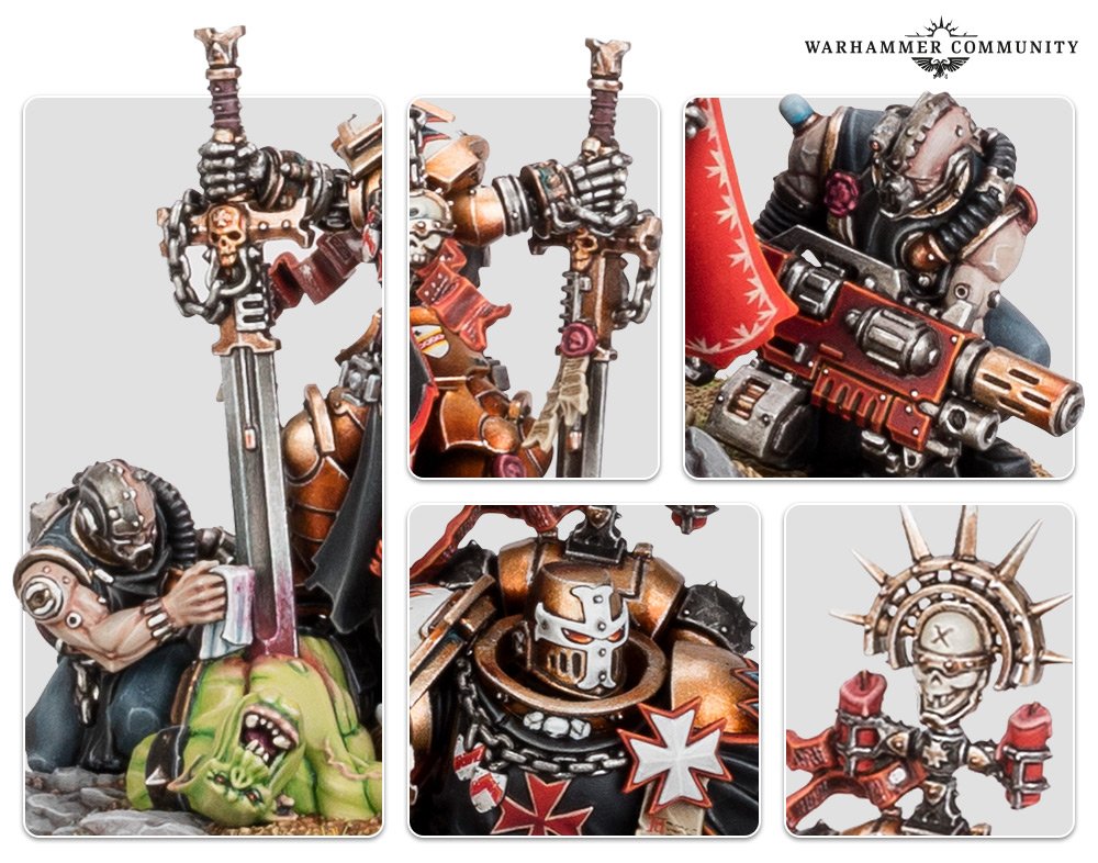 Detail panels of the Helbrecht miniature showing his sword, banner grot, and Templar cross