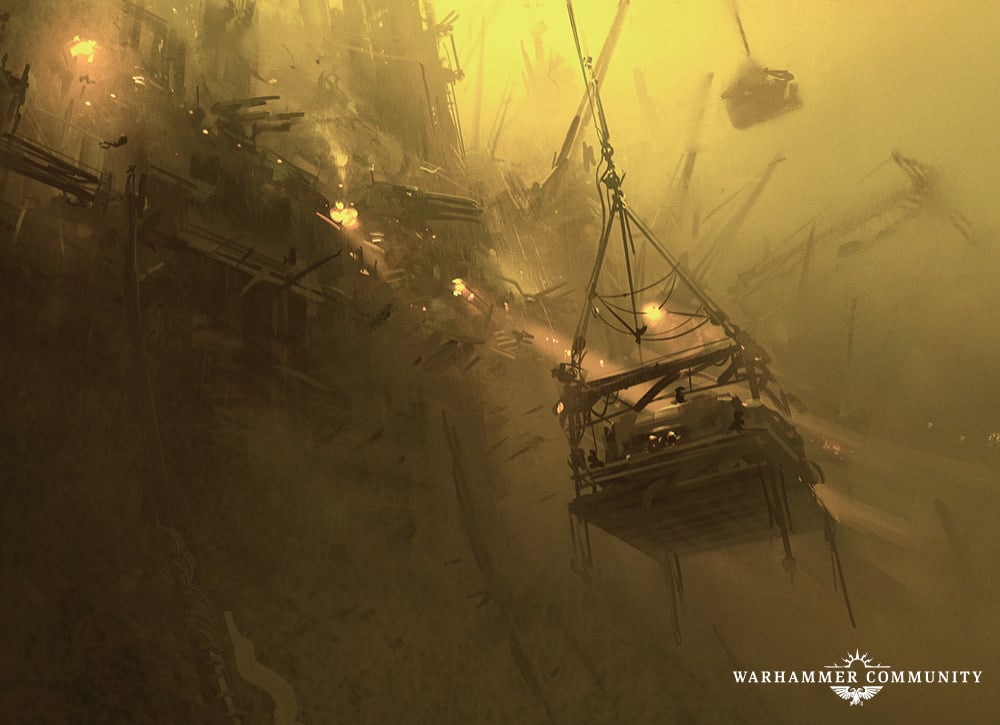 Crane platforms and suspended cages above the Secundan Abyss, illustrated for Necromunda Hive Secundus