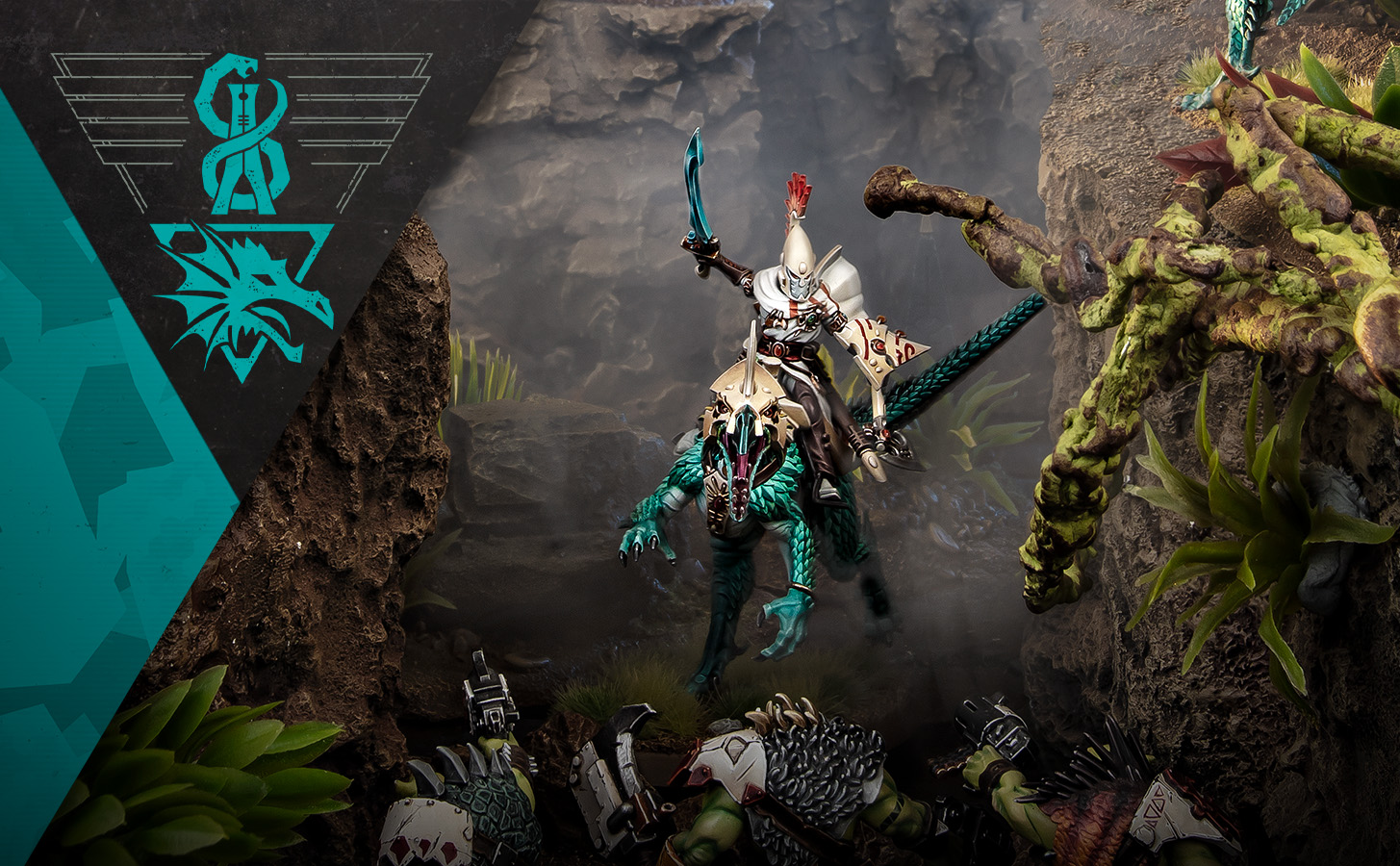 An Exodite Clanblade on a drakesteed leaping over Ork Beast Snaggas