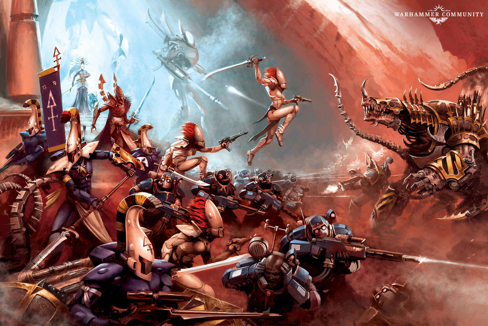Howling Banshees leaping into Imperial lines in classic Eldar battle artwork