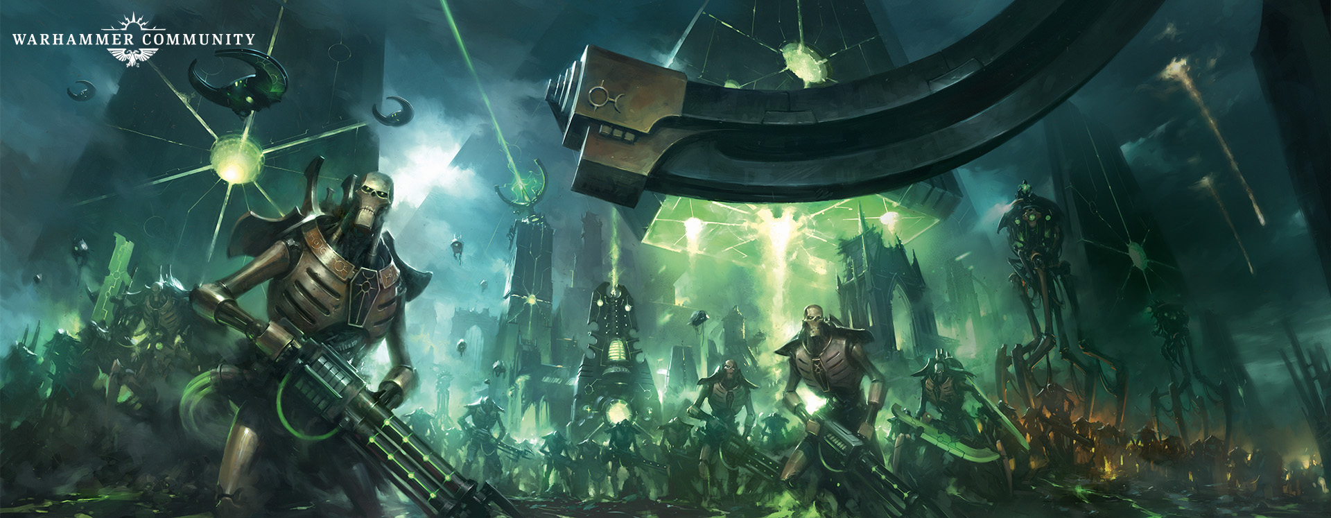 A cloaked Necron noble carrying an ornate weapon leads phalanxes of warriors past towering green ziggurats under a dark sky