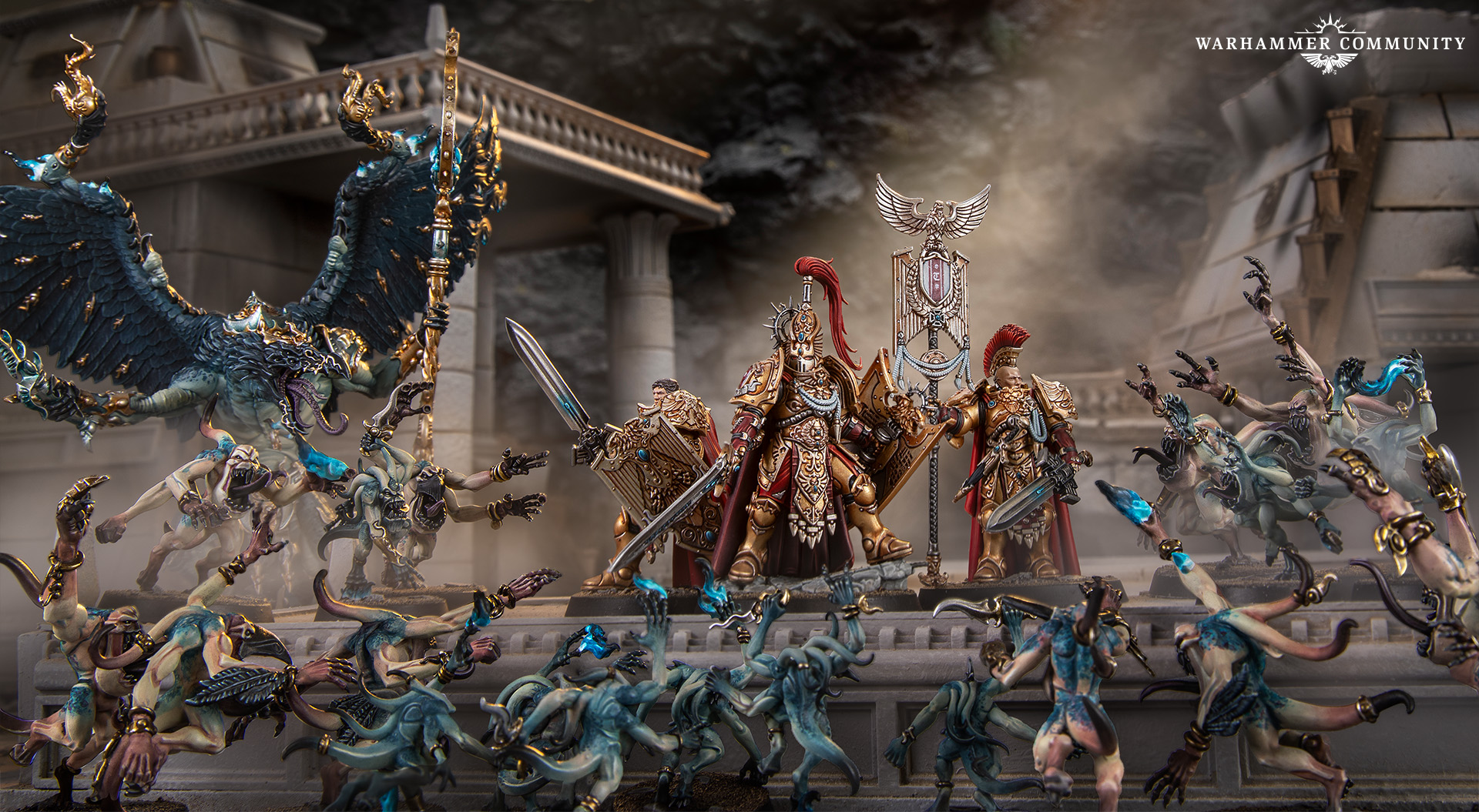 Custodian Guard in a shieldwall on temple steps as pale Horrors swarm up towards them
