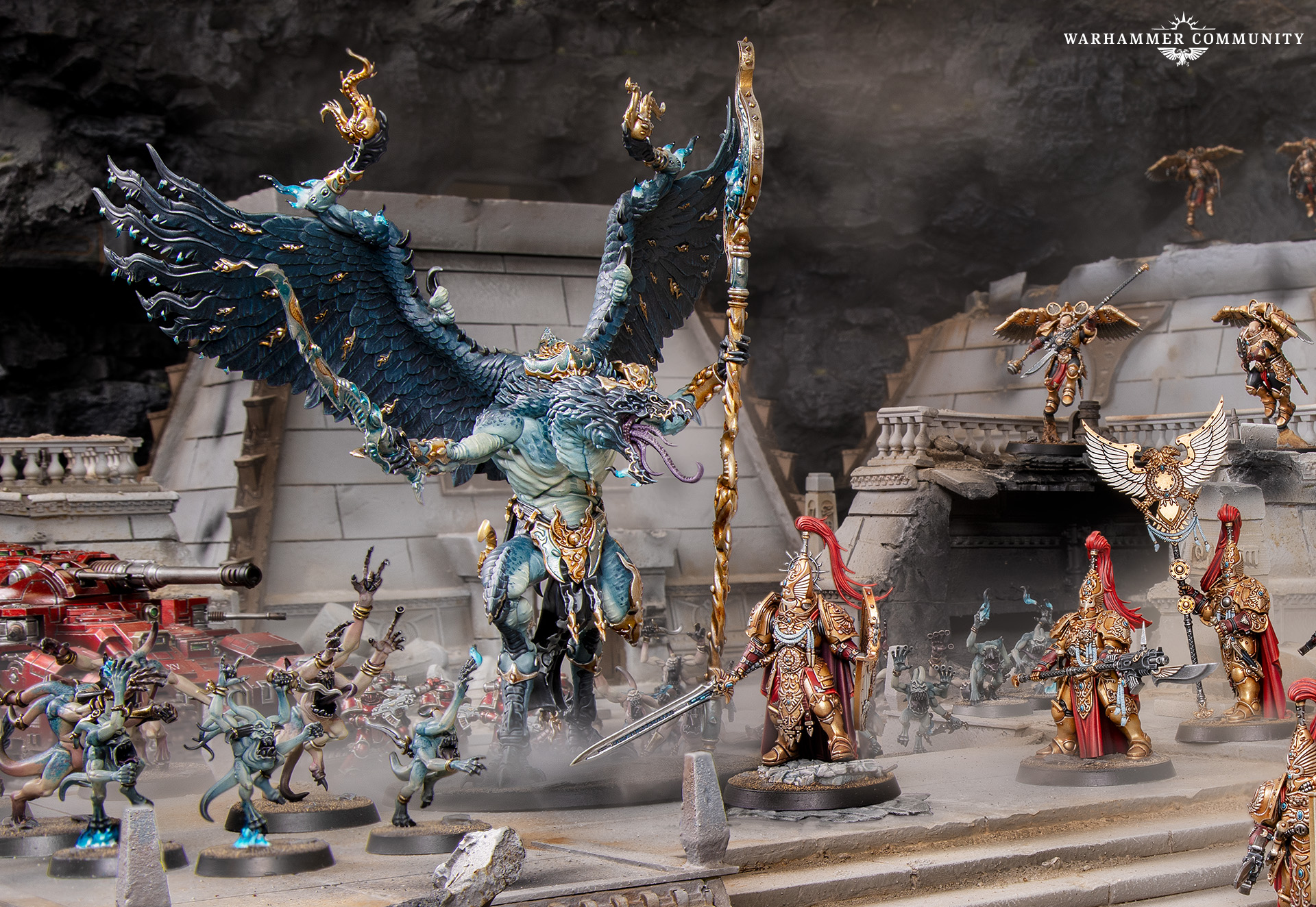 A Lord of Change and a mass of Horrors advancing on golden Custodian warriors amid white Prosperine architecture
