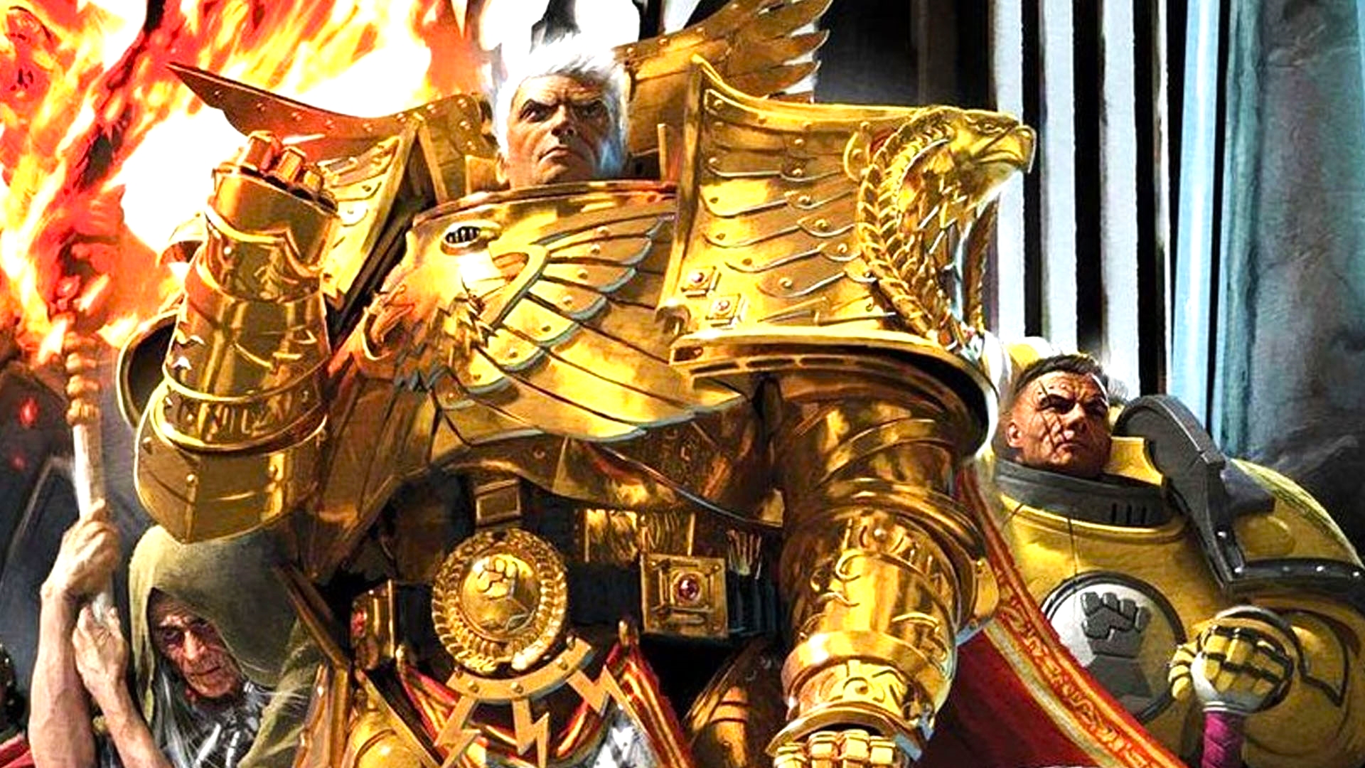 Rogal Dorn in golden armour with an Imperial Fists Legionary and a hooded attendant