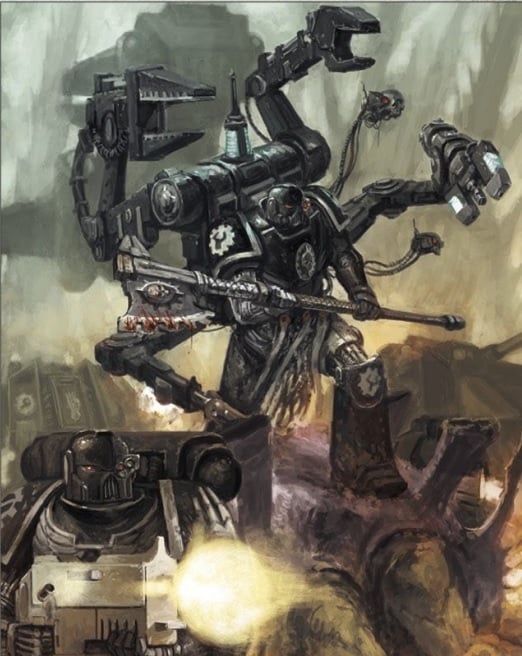 Iron Father in combat with multiple servo-arms, alongside an Iron Hands battle-brother — codex artwork