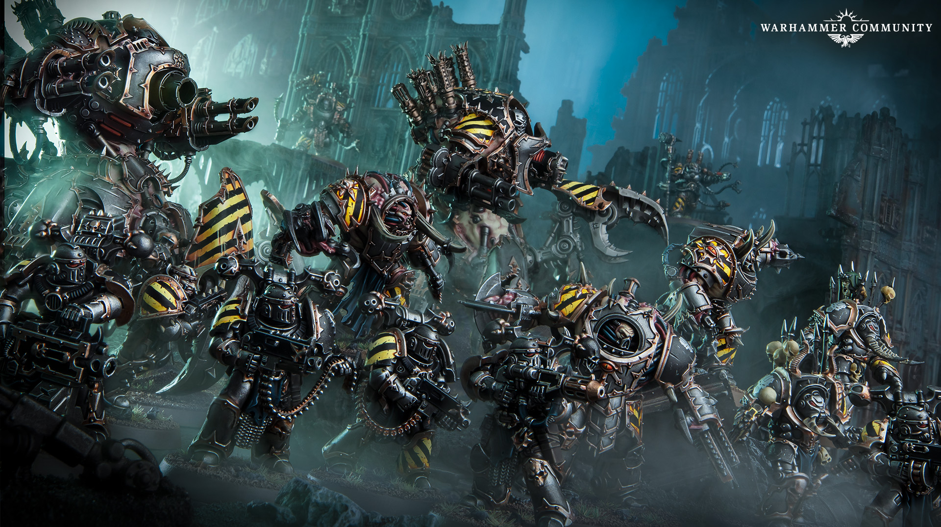 A modern Iron Warriors army arrayed for war, Defilers and Mutilators in formation
