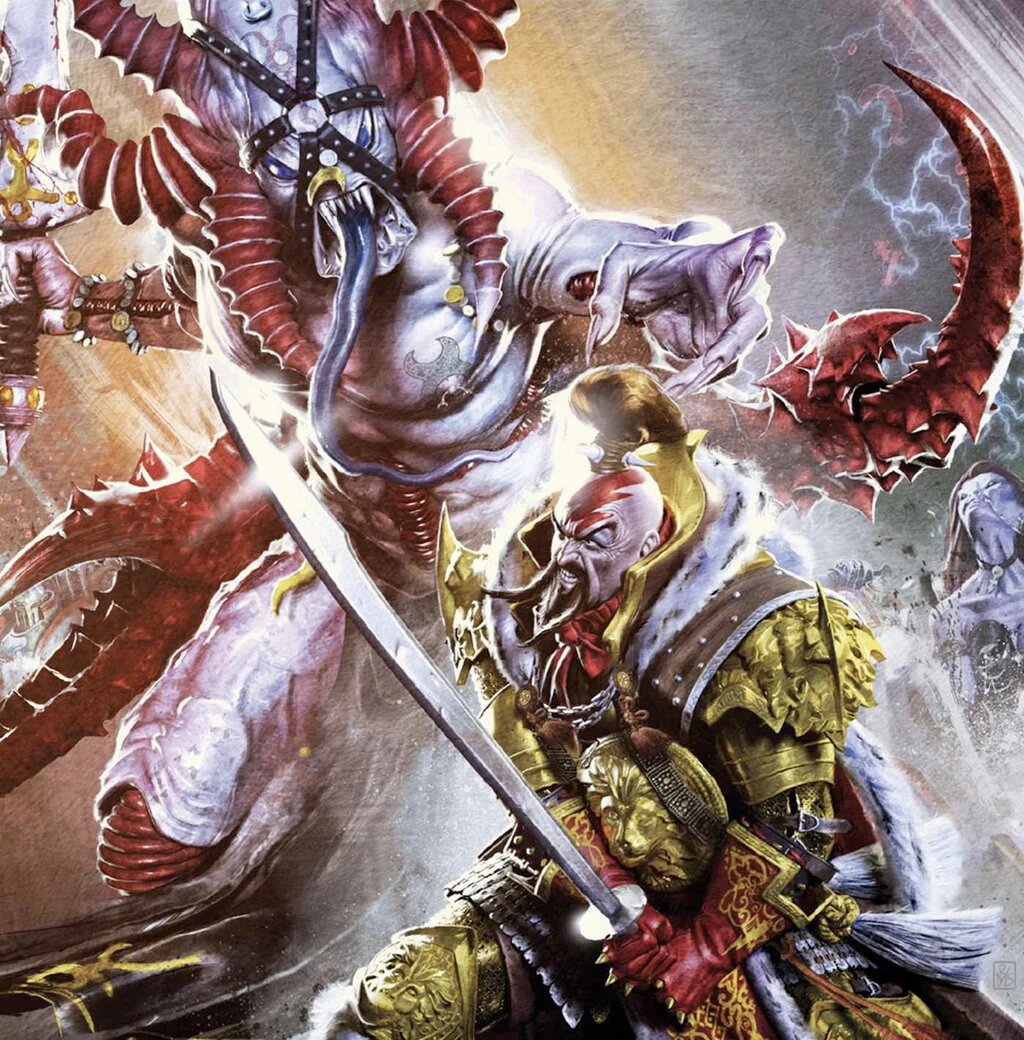 Jaghatai Khan facing a Slaaneshi daemon, sword raised