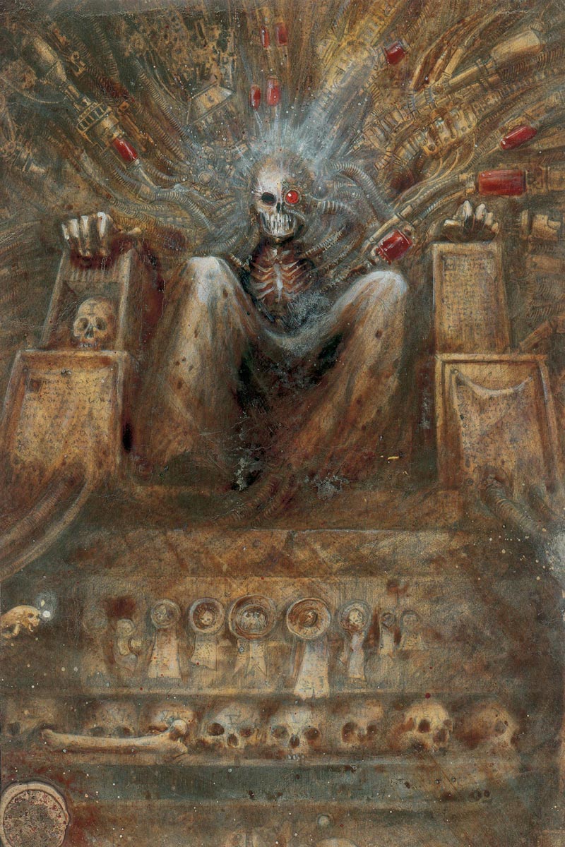 John Blanche's 1987 painting of the Emperor on the Golden Throne, all rust, bone, and ochre with no blue in it