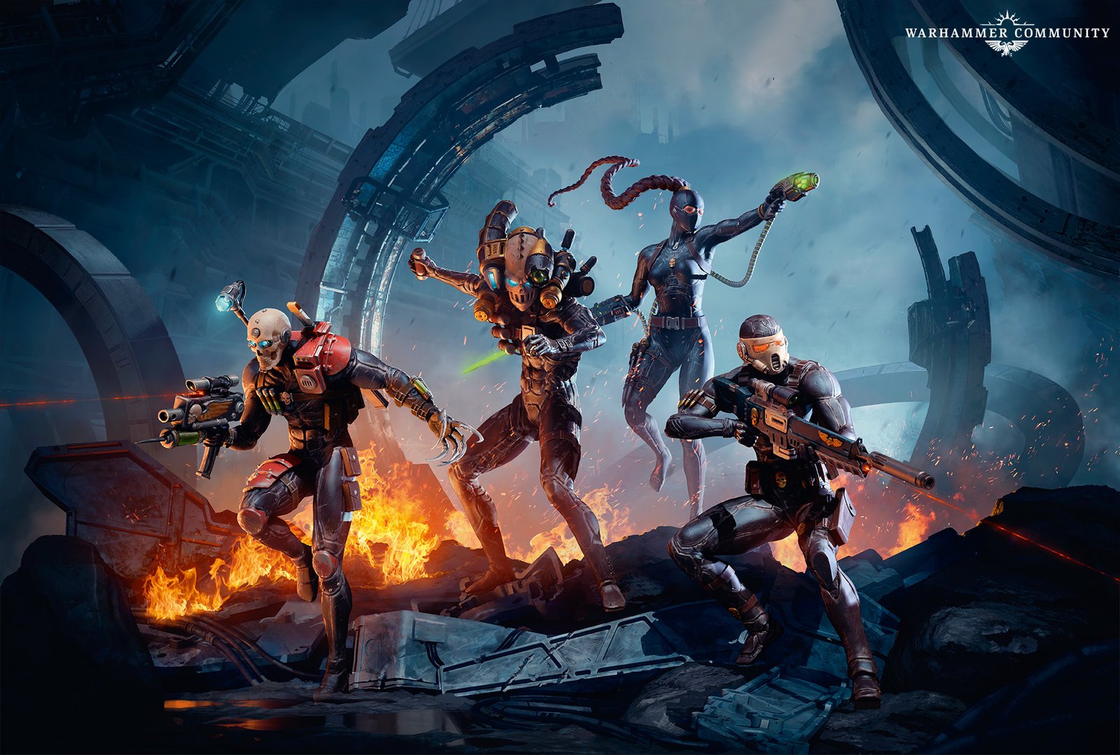 A polished, high-contrast cinematic render of a Kill Team squad lit in cold blue