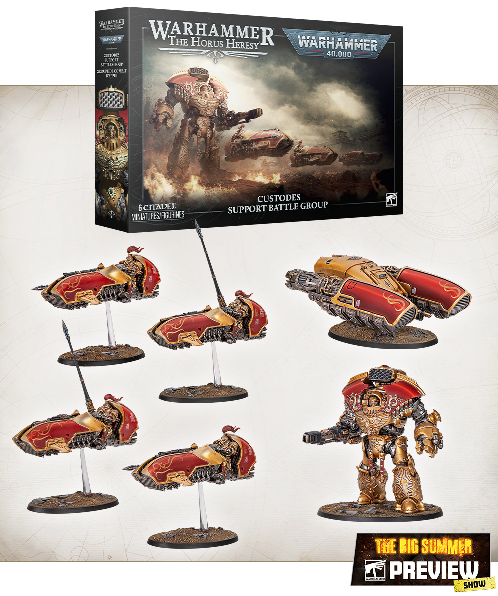 The Custodes Support Battle Group box art, showing the Telemon Heavy Dreadnought, four Gyrfalcon Jetbikes and a Pallas Grav-attack