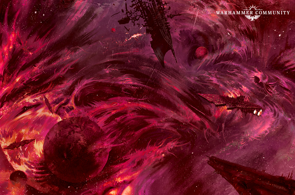 Warships amid a crimson Warp storm in the artwork accompanying the Grand Narrative character announcement
