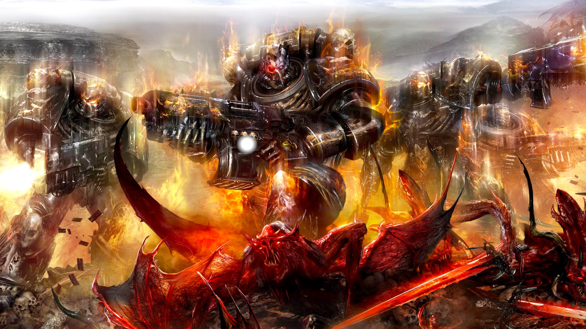 Legion of the Damned marines wreathed in flame firing into a horde of red daemons