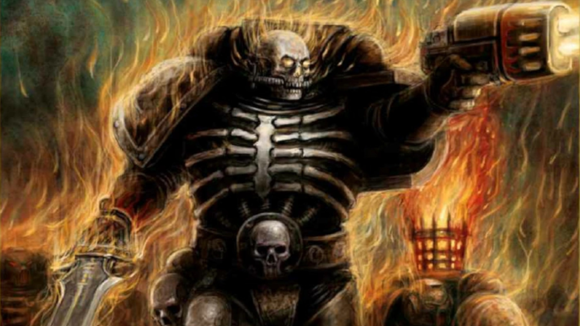 Legion of the Damned legionnaire in black armour with a ribcage chestplate and skull helm, wreathed in flame