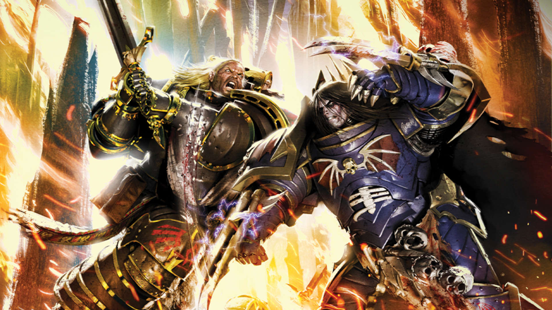 Lion El'Jonson and Konrad Curze locked in a duel amid fire, the Lion swinging a sword while Curze drives a lightning claw towards him