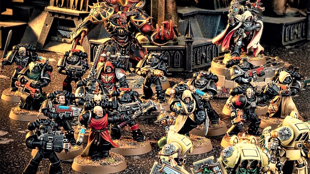 Robed Fallen Angels among black-armoured Chaos Space Marines, with Deathwing Knights in the foreground