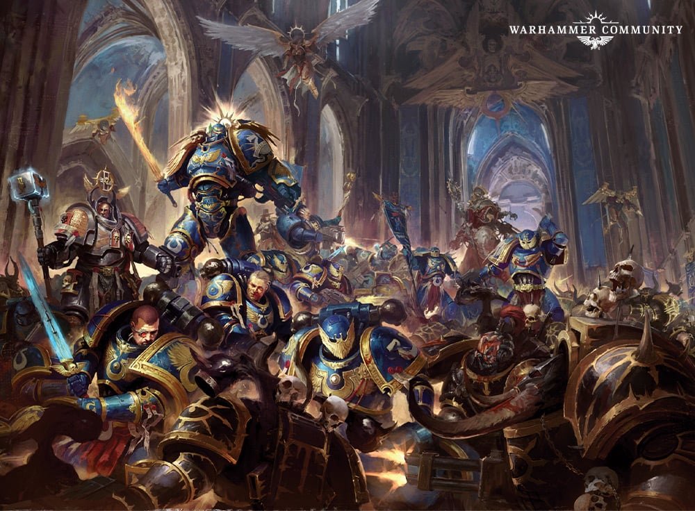 Guilliman in the Armour of Fate leading Ultramarines through a ruined cathedral against Death Guard