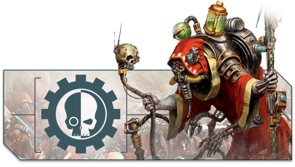 A tech-priest enginseer of the Adeptus Mechanicus with mechadendrites and a skull-topped staff