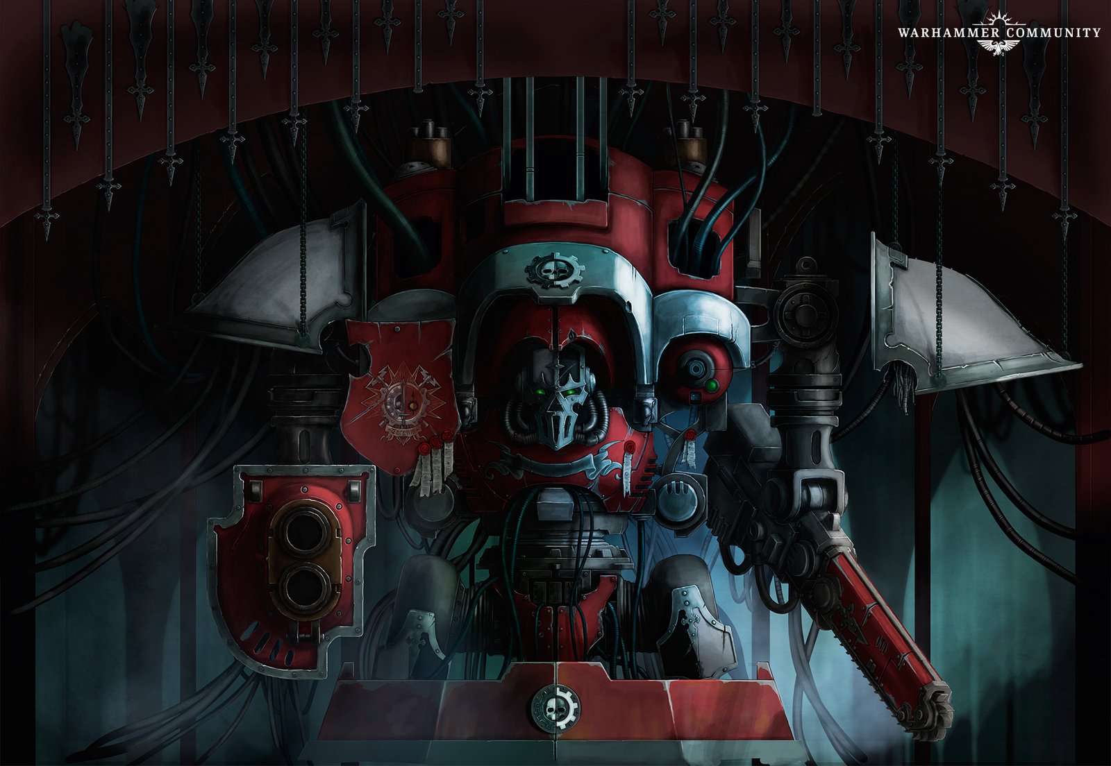 Imperial Knight Mars-pattern with cog iconography in a darkened hangar