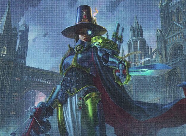 Inquisitor Greyfax with her power sword and crossbow in the Forces of the Imperium card artwork