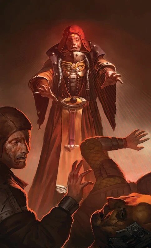 A Navigator with a glowing red third eye looming over cowering soldiers who shield their faces from the gaze