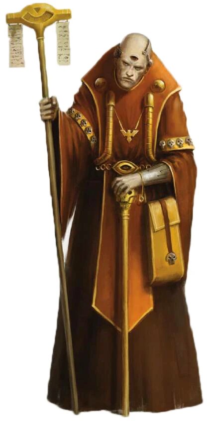Illustration of a Navis Nobilite Navigator in red robes, holding a staff, with a covered third eye on his forehead