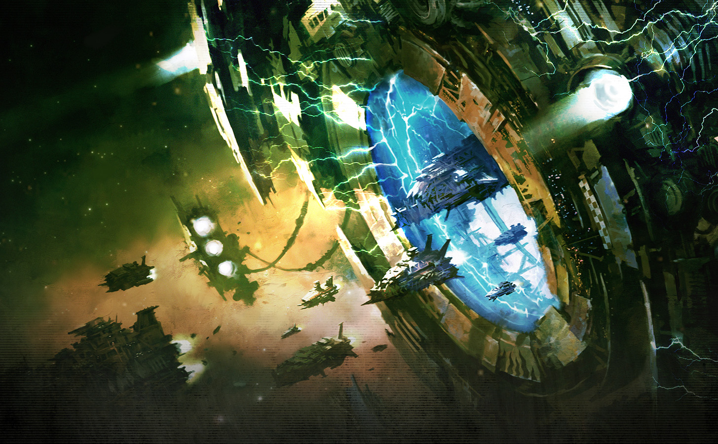 The mega-tellyshokka generates a Warp gateway, dropping Ghazghkull's entire fleet past Armageddon's orbital defences