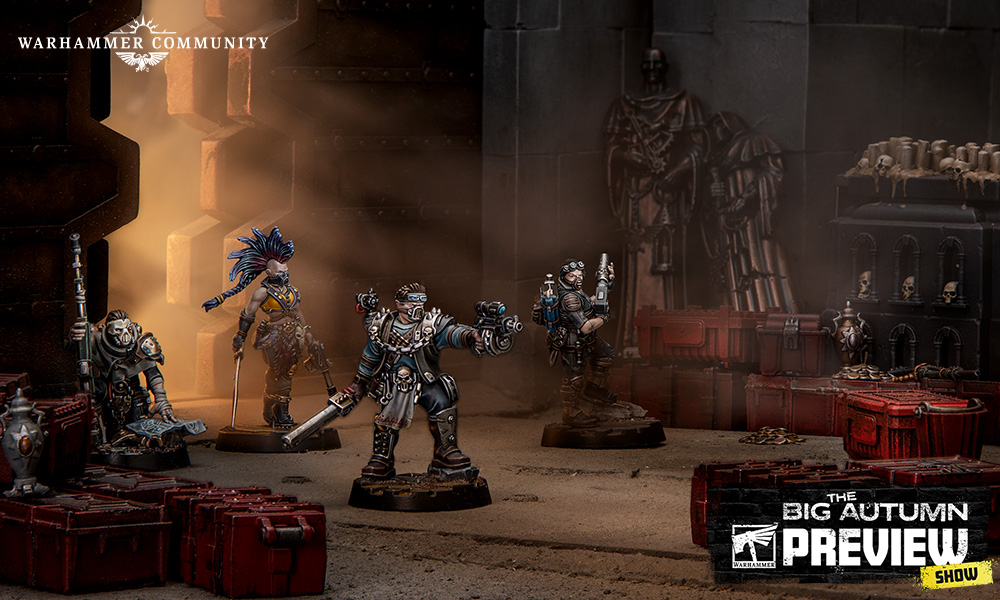 The four Iconic Characters of Necromunda Roleplay as painted miniatures in an underhive scene