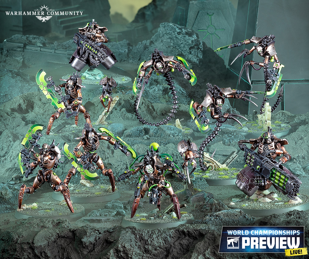 Skorpekh, Ophydian, Lokhust Heavy and Hexmark Destroyers gathered among Necron ruins