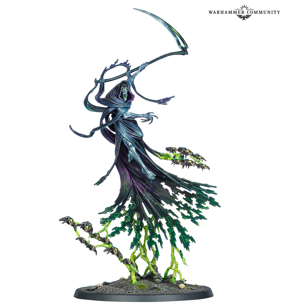 The plastic C'tan Shard of the Nightbringer, carrying its scythe above a swirling trail of Scarabs