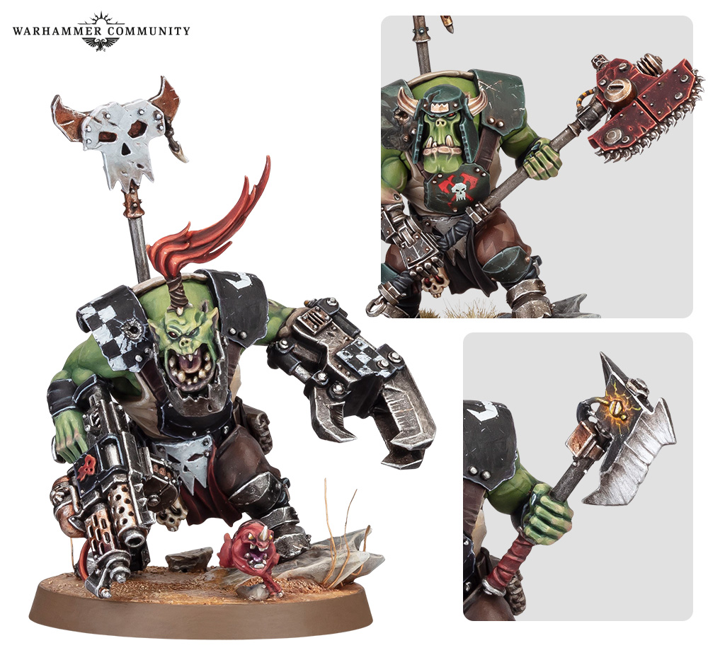 The new Ork Boss Nob with a power klaw, checked shoulder plates, a glyph-painted chest guard and a squig at his feet