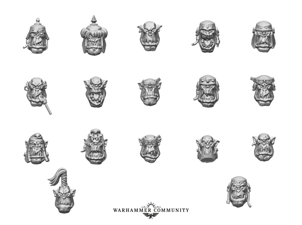 Seventeen different Ork head options from the new Boyz kit, from pointed helmets to goggles to bare gnarled faces