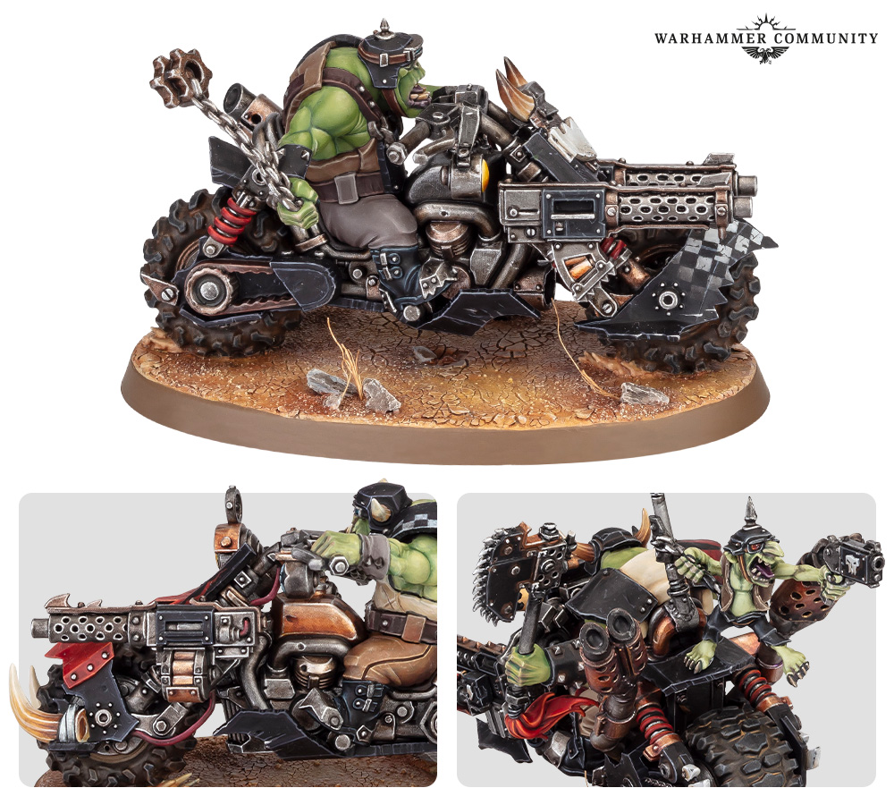 The new Ork Warbikes shown from three angles, dual dakkaguns front-mounted