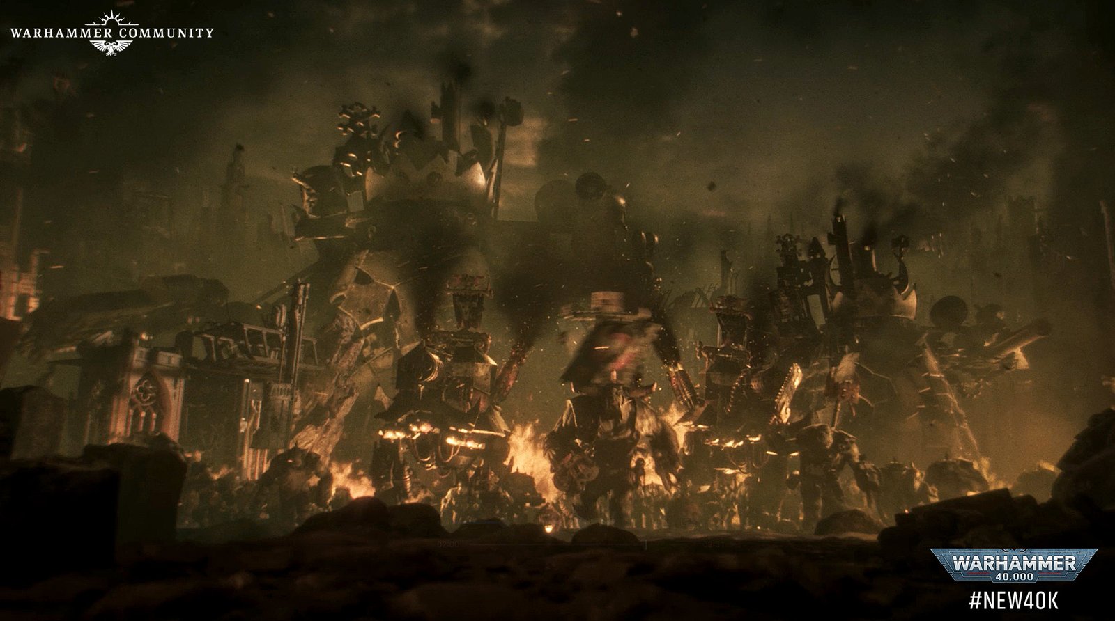 An Ork warhost massing in the smoke, Nobz and Meganobz silhouetted around a Warboss