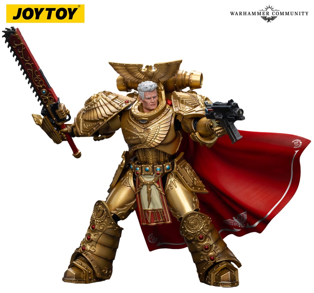 The JOYTOY Rogal Dorn action figure, armed with Storm's Teeth and Voice of Terra, ready to fight