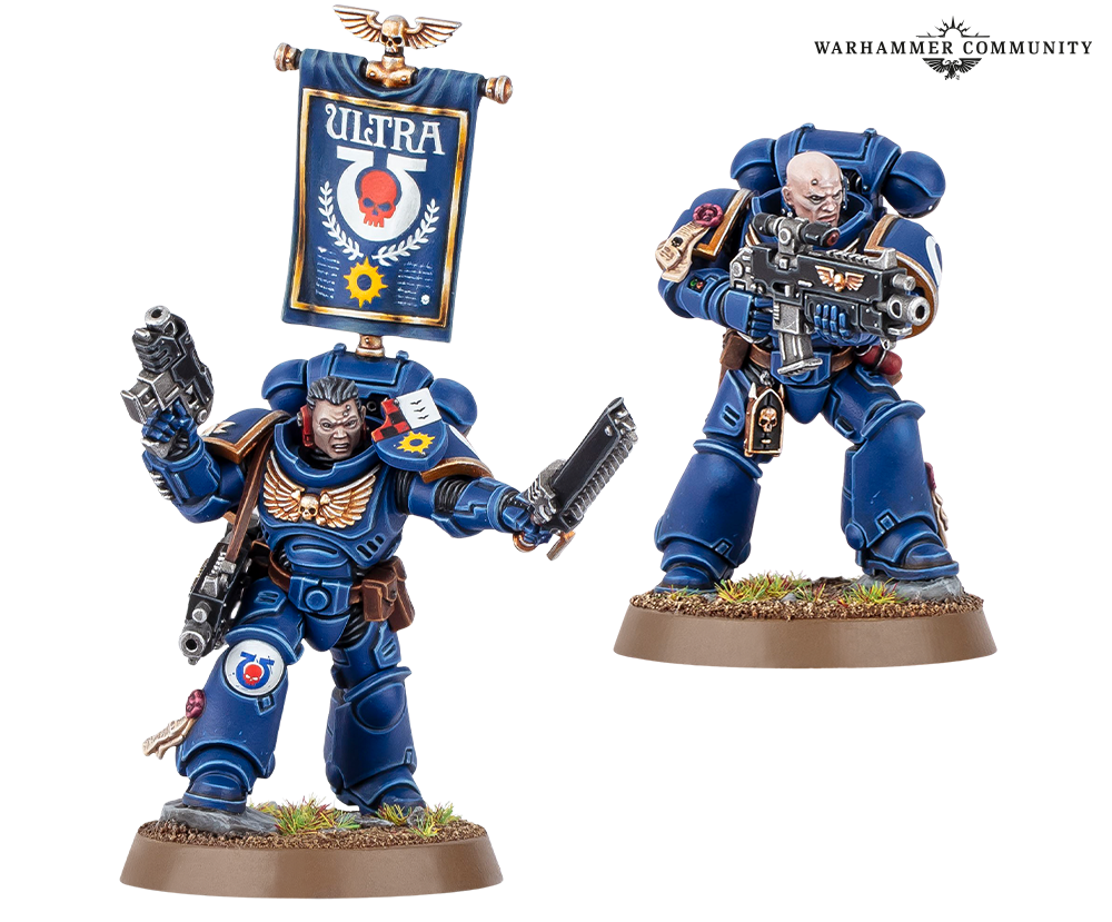 Ultramarines Intercessor sergeant carrying the new company back banner