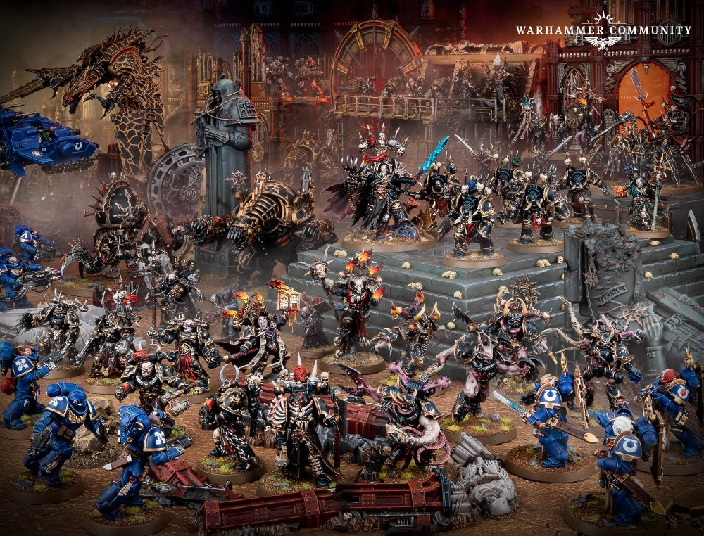 Night Lords Legionaries, Raptors and armoured vehicles advancing through ruined Aeldari buildings