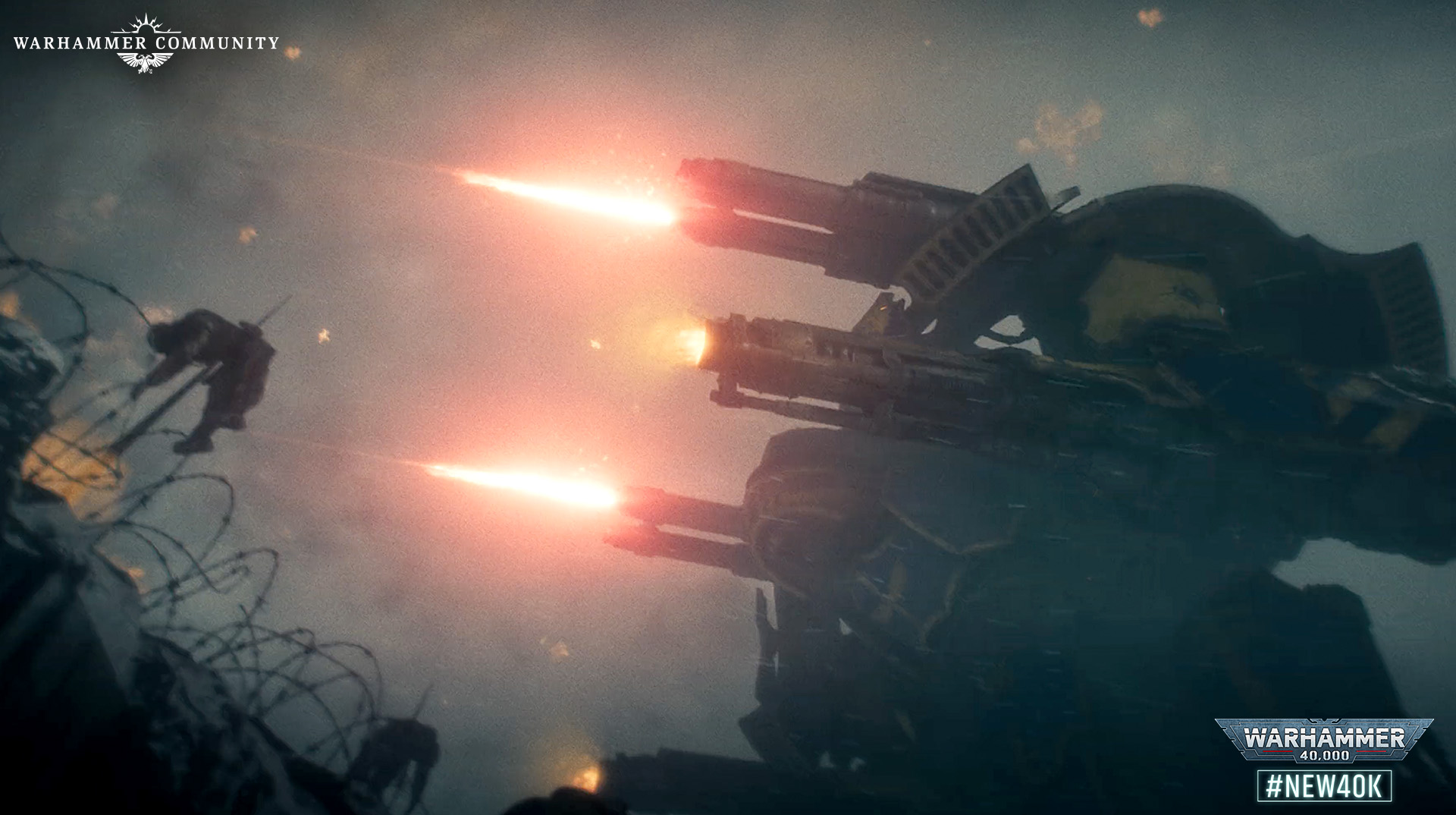 A Warlord Titan firing down on a tiny Guardsman silhouette in the new 40K trailer