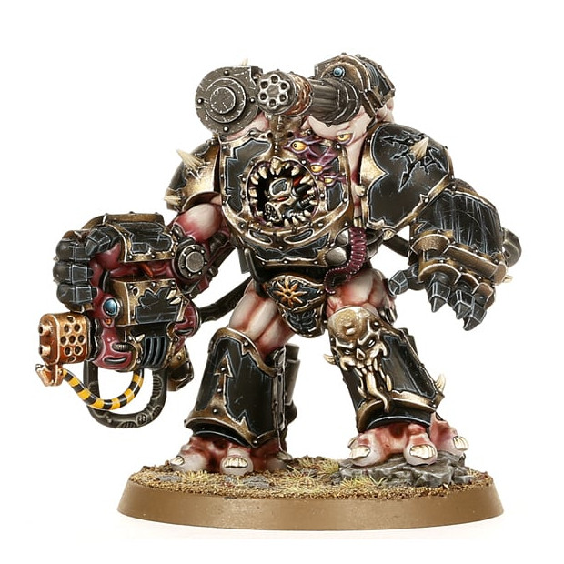 A Black Legion Obliterator with swollen exposed flesh, fused armour, and a cluster of guns growing from one arm